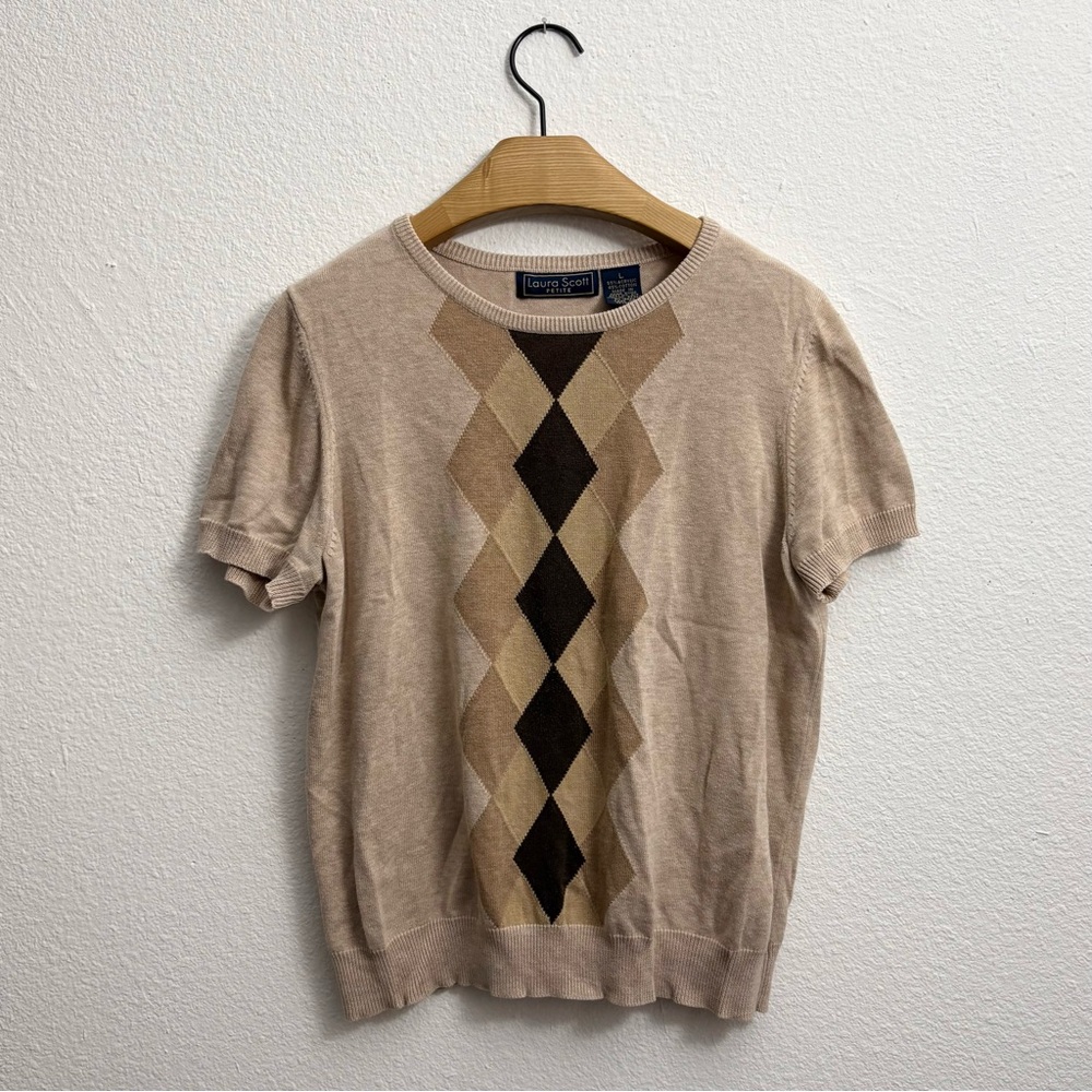 Laura Scott Argyle Short-Sleeve Knit Sweater Tan size Petite large - Picture 2 of 5